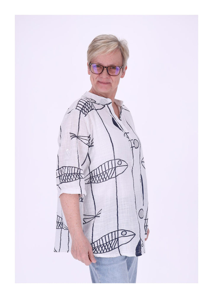 Blusenshirt Damen Stehkragen kurze Knopfleiste AOP