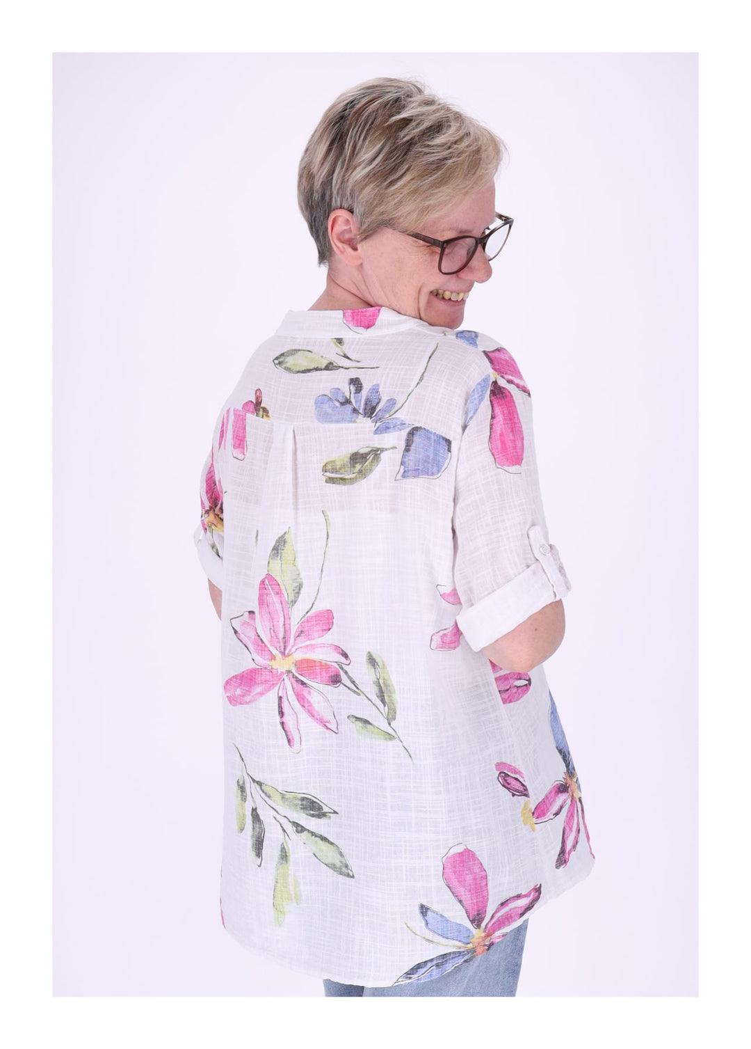 Blusenshirt Damen Stehkragen kurze Knopfleiste AOP