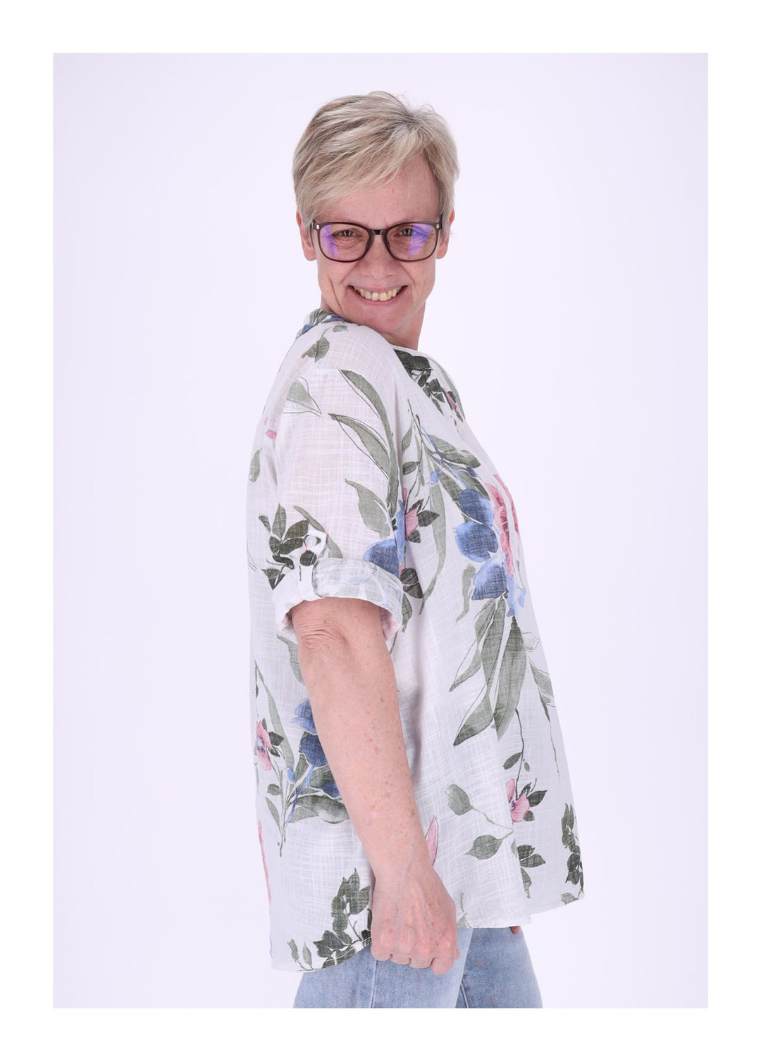 Blusenshirt Damen Stehkragen kurze Knopfleiste AOP