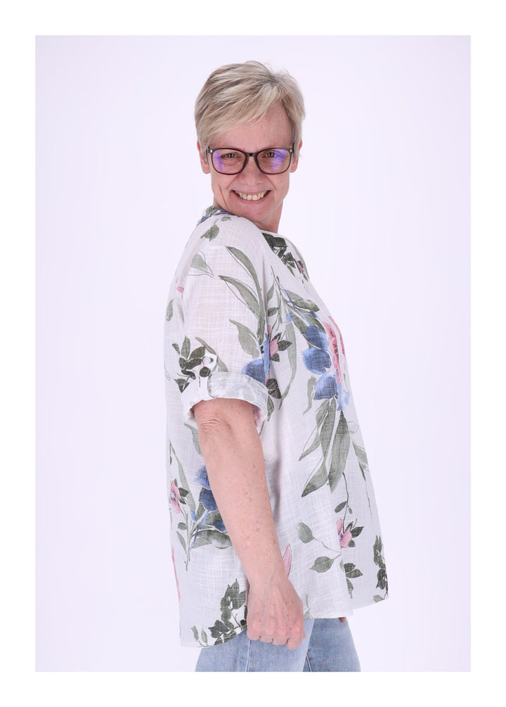 Blusenshirt Damen Stehkragen kurze Knopfleiste AOP