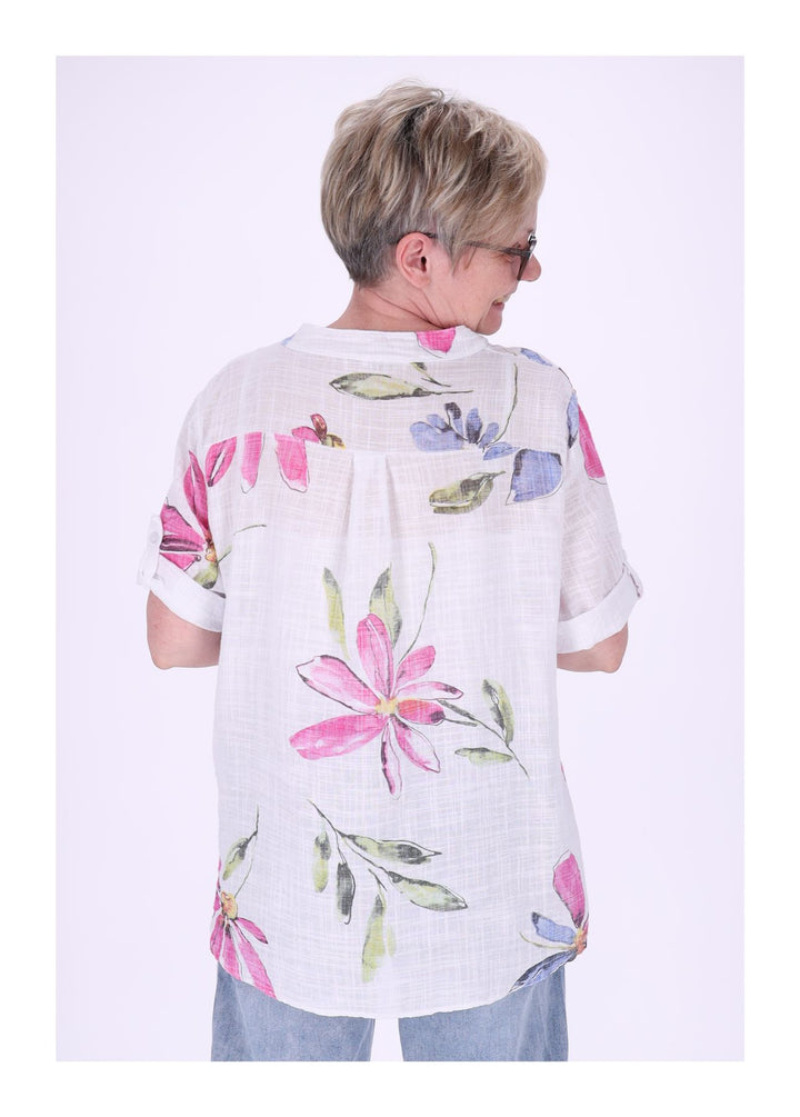Blusenshirt Damen Stehkragen kurze Knopfleiste AOP