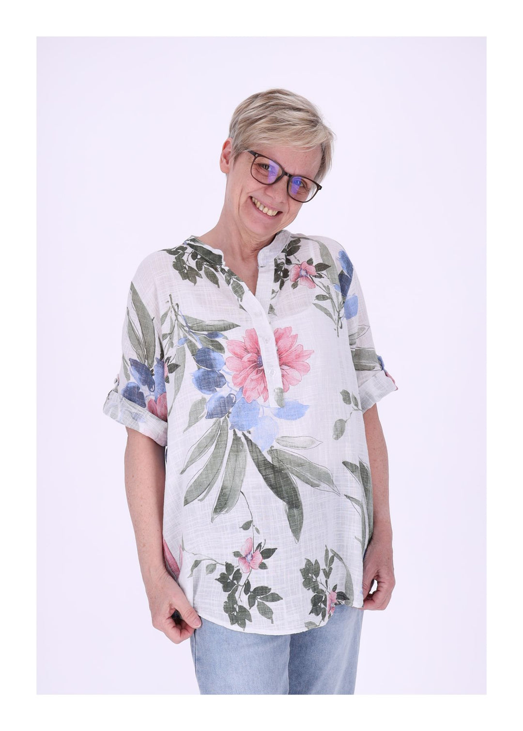 Blusenshirt Damen Stehkragen kurze Knopfleiste AOP