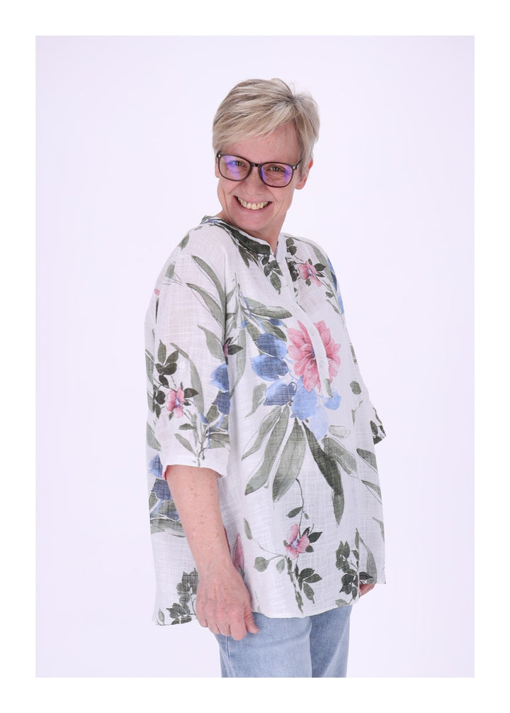 Blusenshirt Damen Stehkragen kurze Knopfleiste AOP