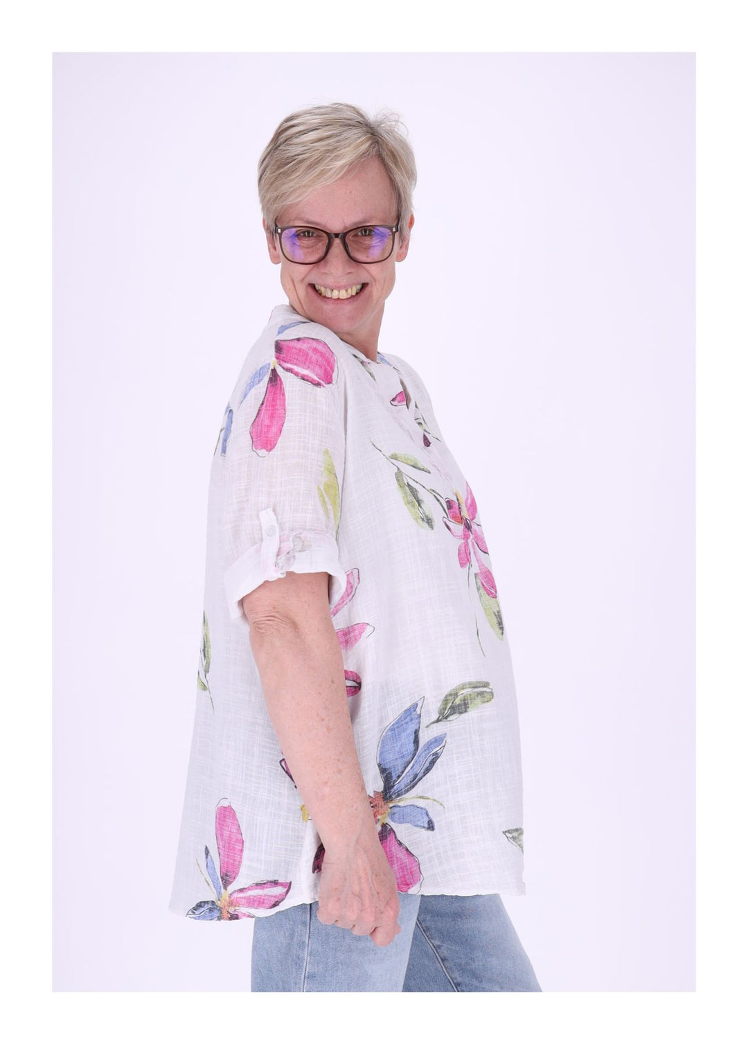 Blusenshirt Damen Stehkragen kurze Knopfleiste AOP