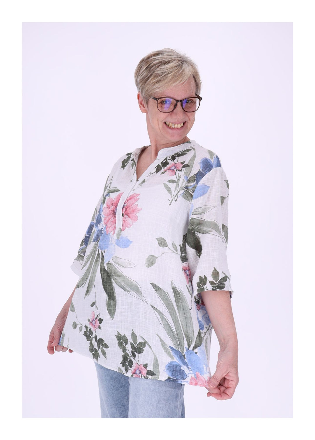 Blusenshirt Damen Stehkragen kurze Knopfleiste AOP