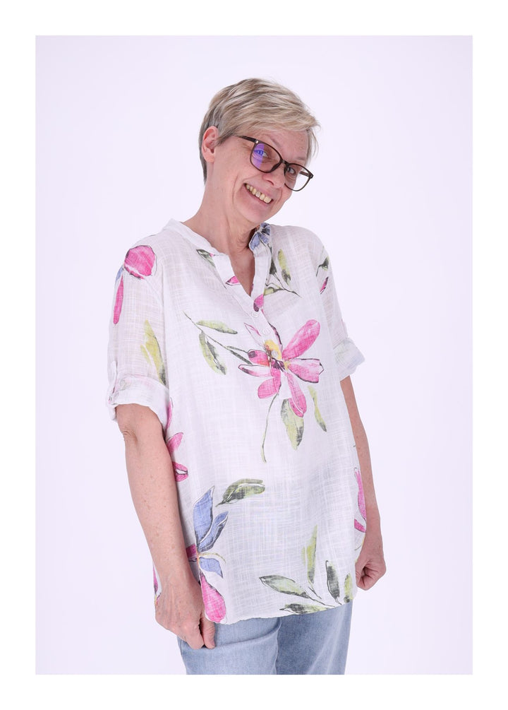 Blusenshirt Damen Stehkragen kurze Knopfleiste AOP