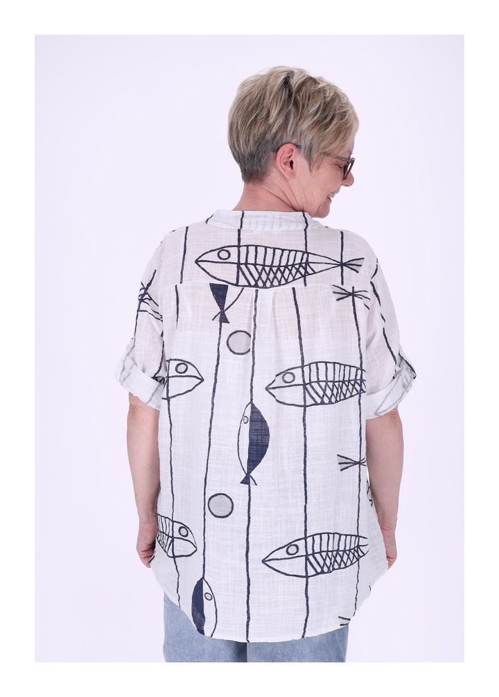 Blusenshirt Damen Stehkragen kurze Knopfleiste AOP