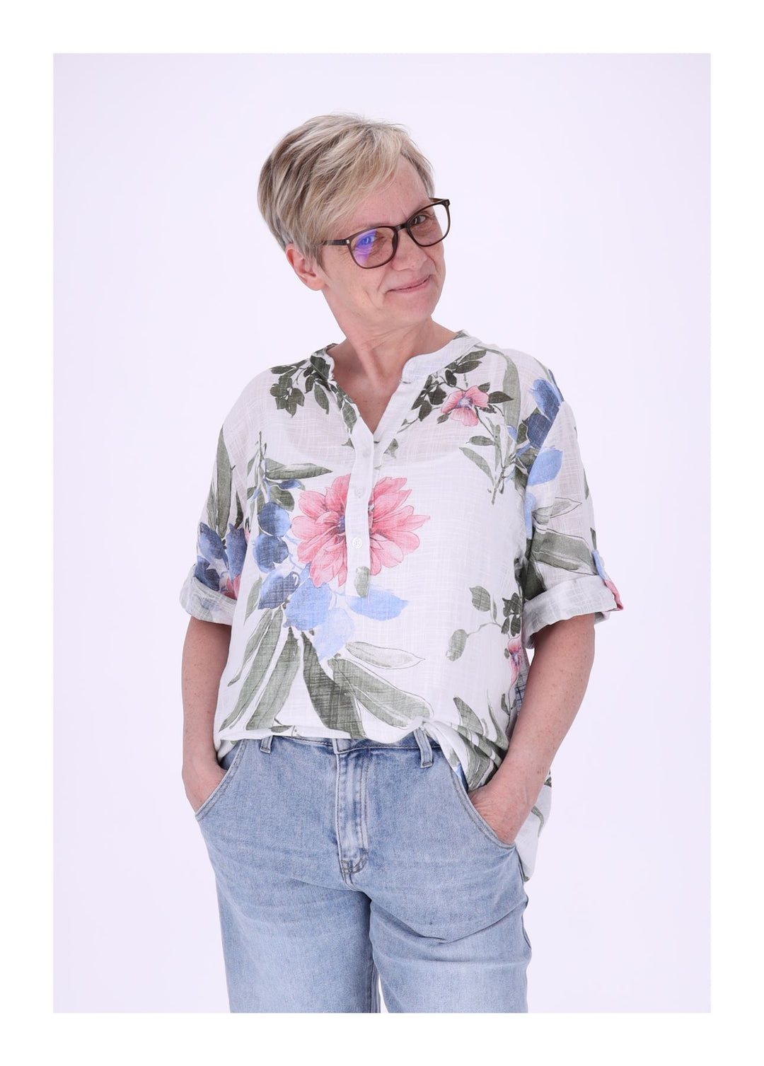 Blusenshirt Damen Stehkragen kurze Knopfleiste AOP