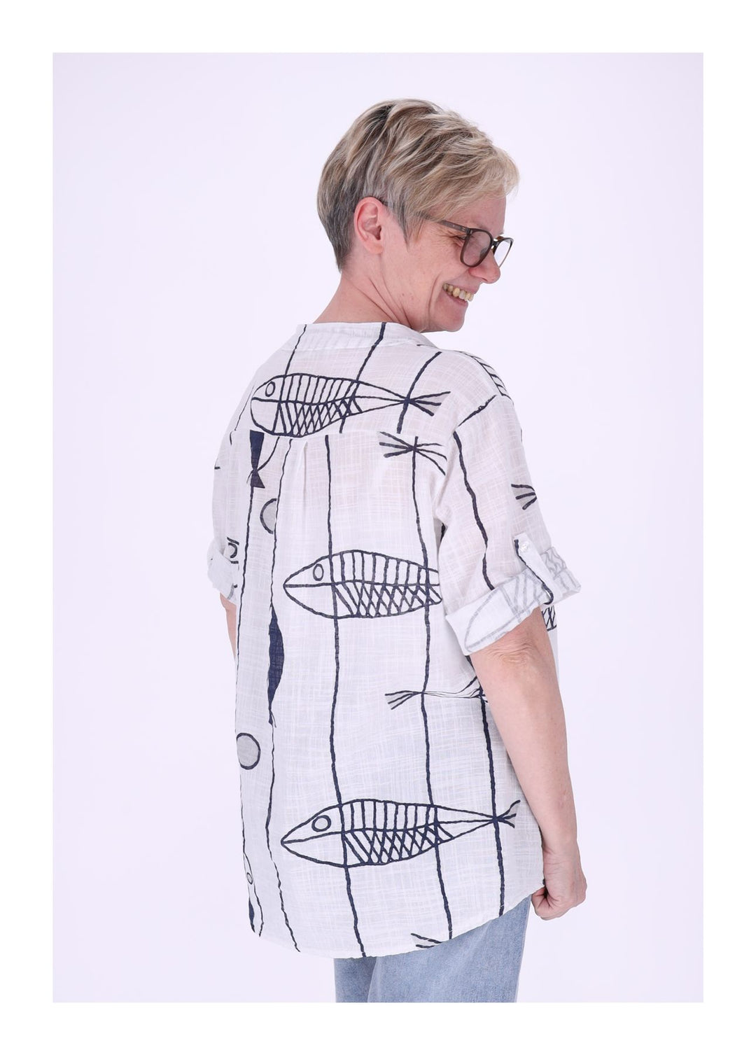 Blusenshirt Damen Stehkragen kurze Knopfleiste AOP