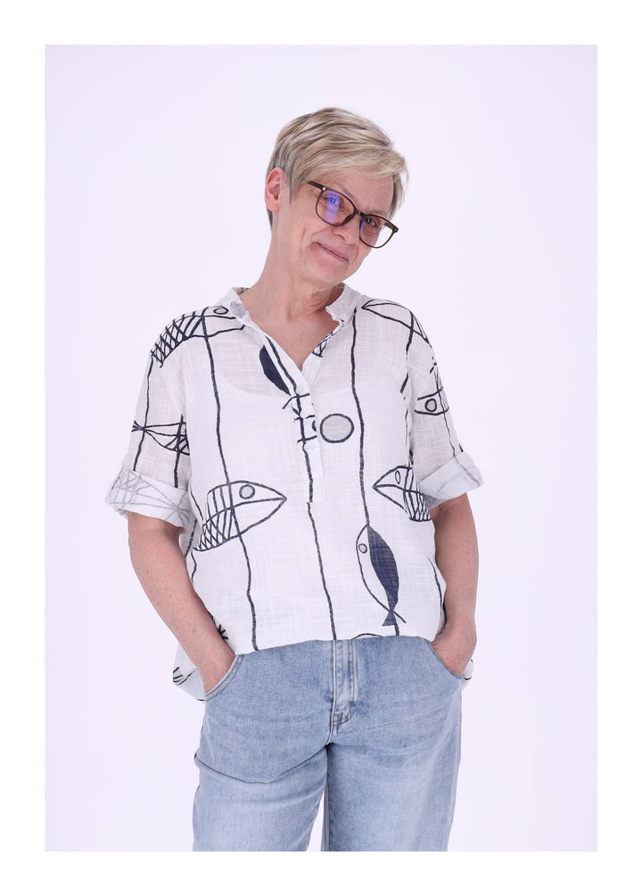 Blusenshirt Damen Stehkragen kurze Knopfleiste AOP