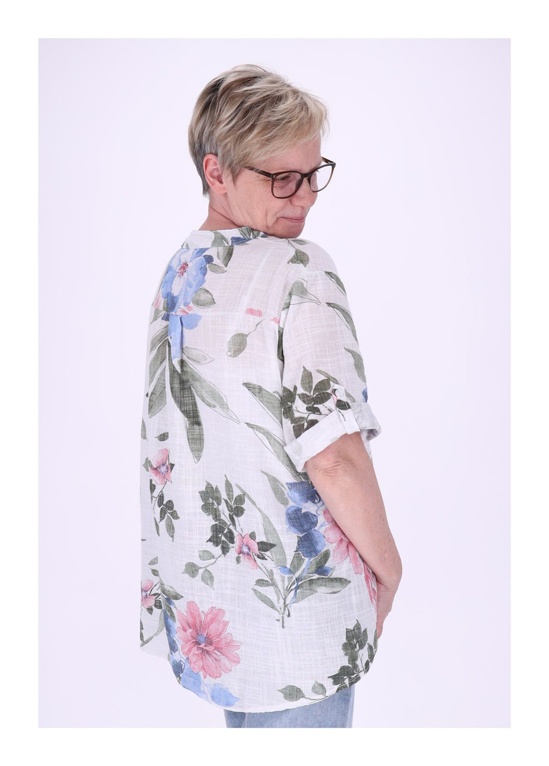 Blusenshirt Damen Stehkragen kurze Knopfleiste AOP