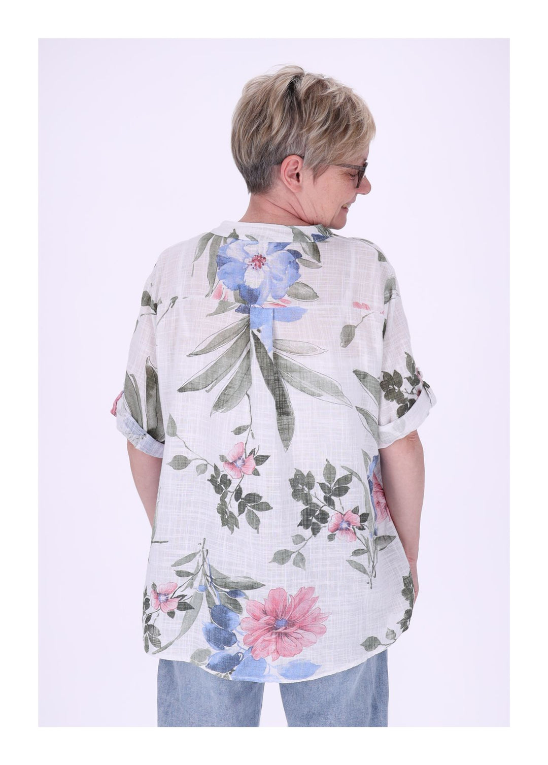 Blusenshirt Damen Stehkragen kurze Knopfleiste AOP