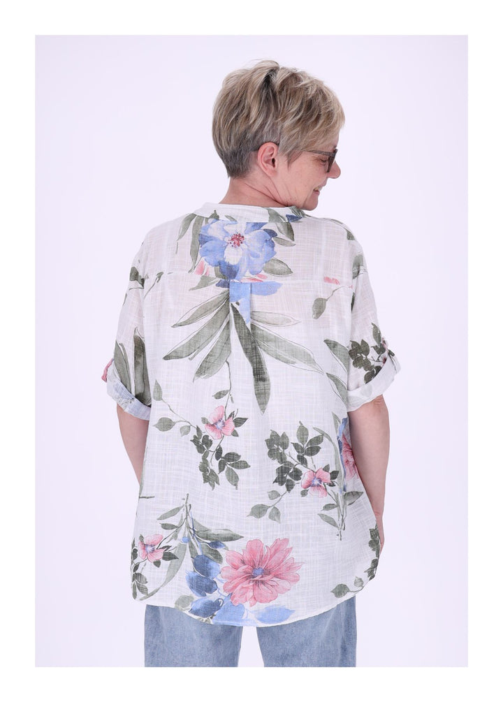 Blusenshirt Damen Stehkragen kurze Knopfleiste AOP