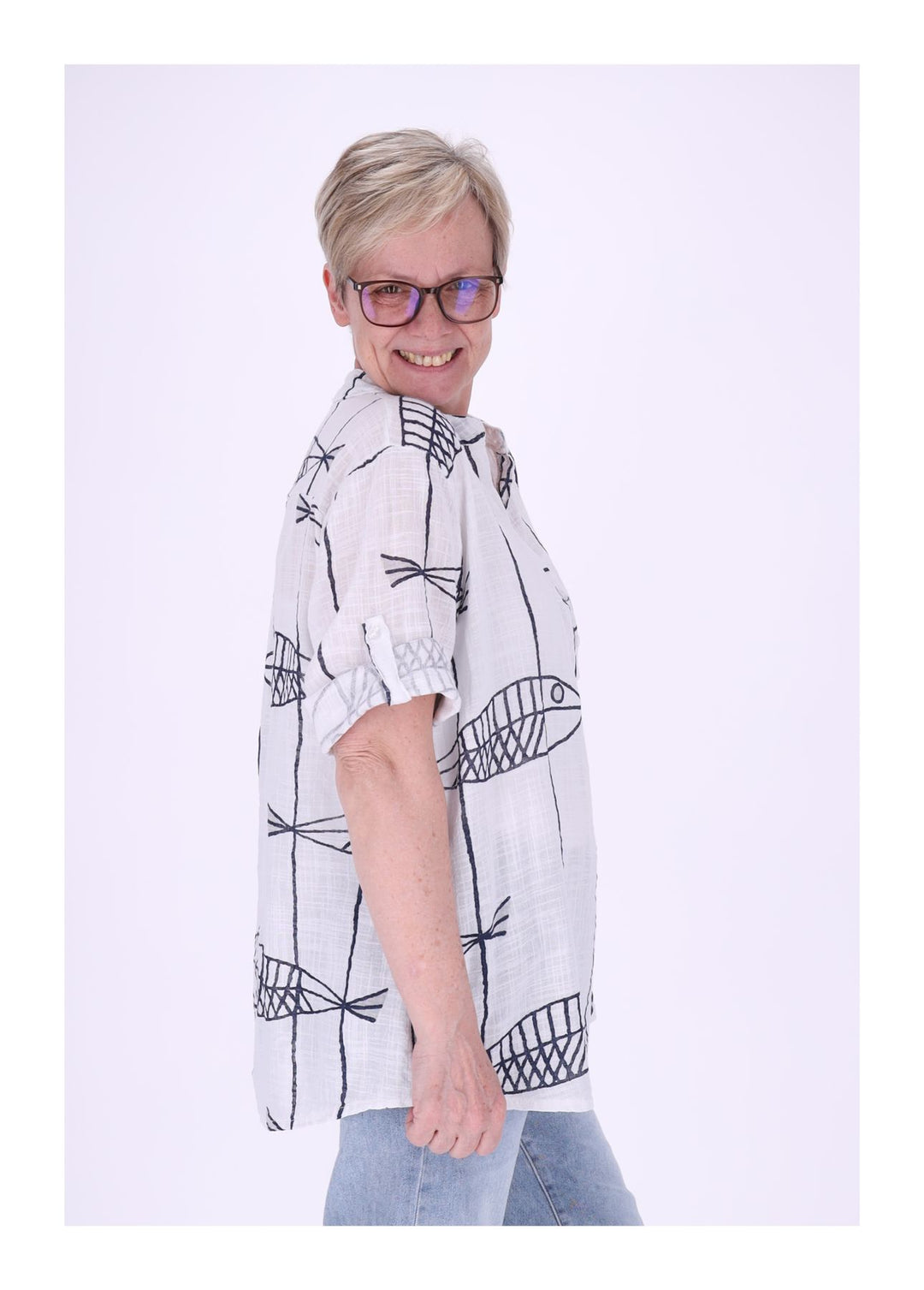 Blusenshirt Damen Stehkragen kurze Knopfleiste AOP