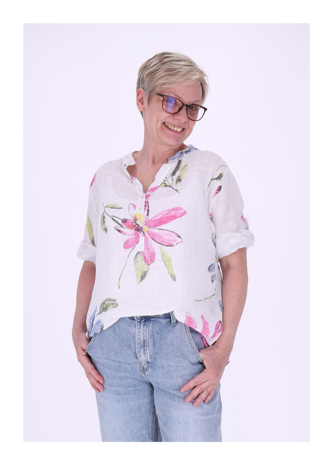 Blusenshirt Damen Stehkragen kurze Knopfleiste AOP