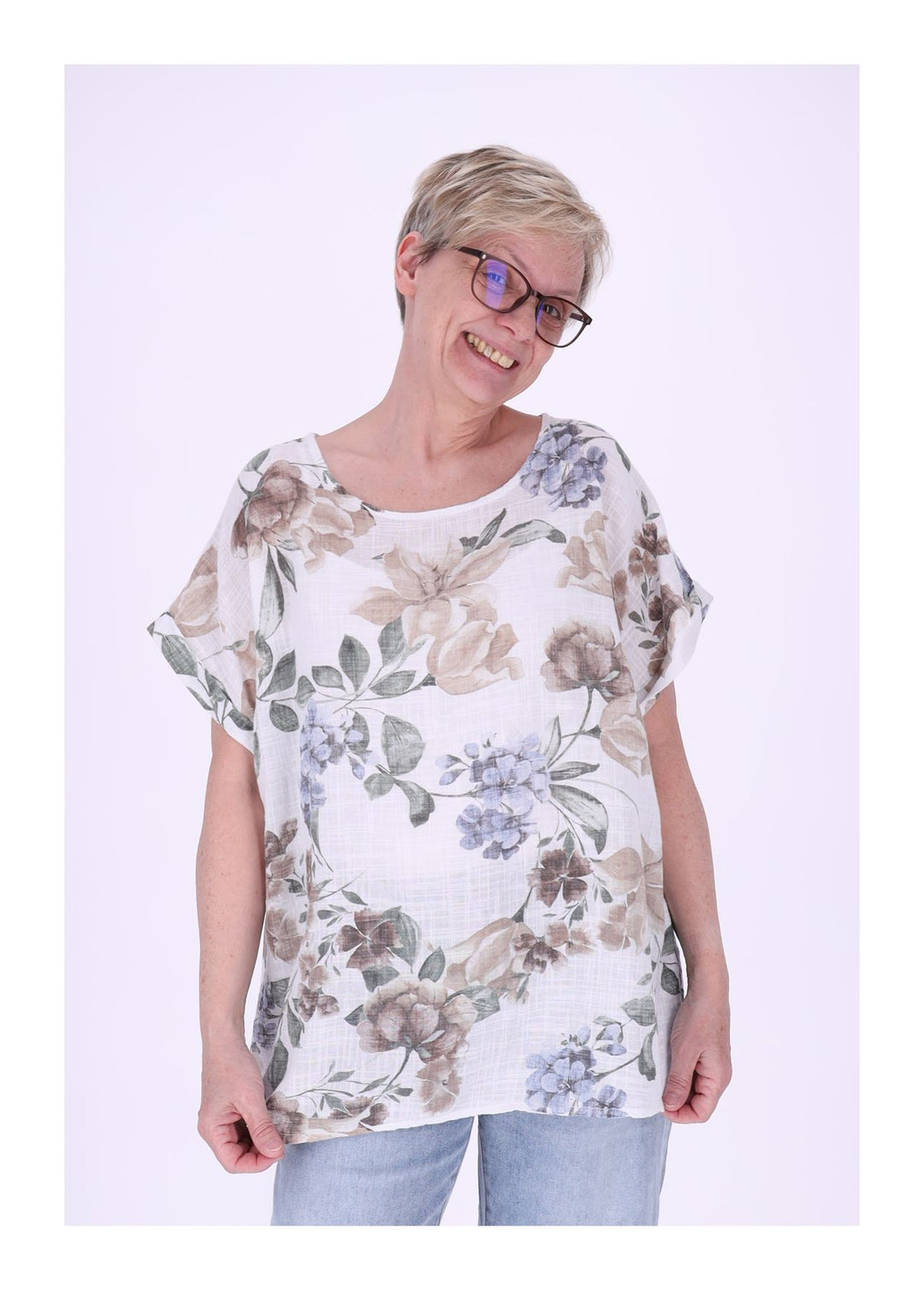 T-Shirt Damen Rundhals Leinenmix AOP
