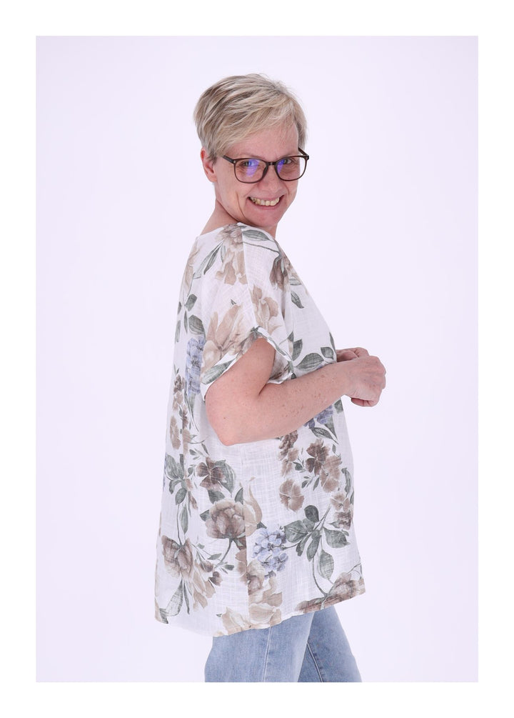 T-Shirt Damen Rundhals Leinenmix AOP