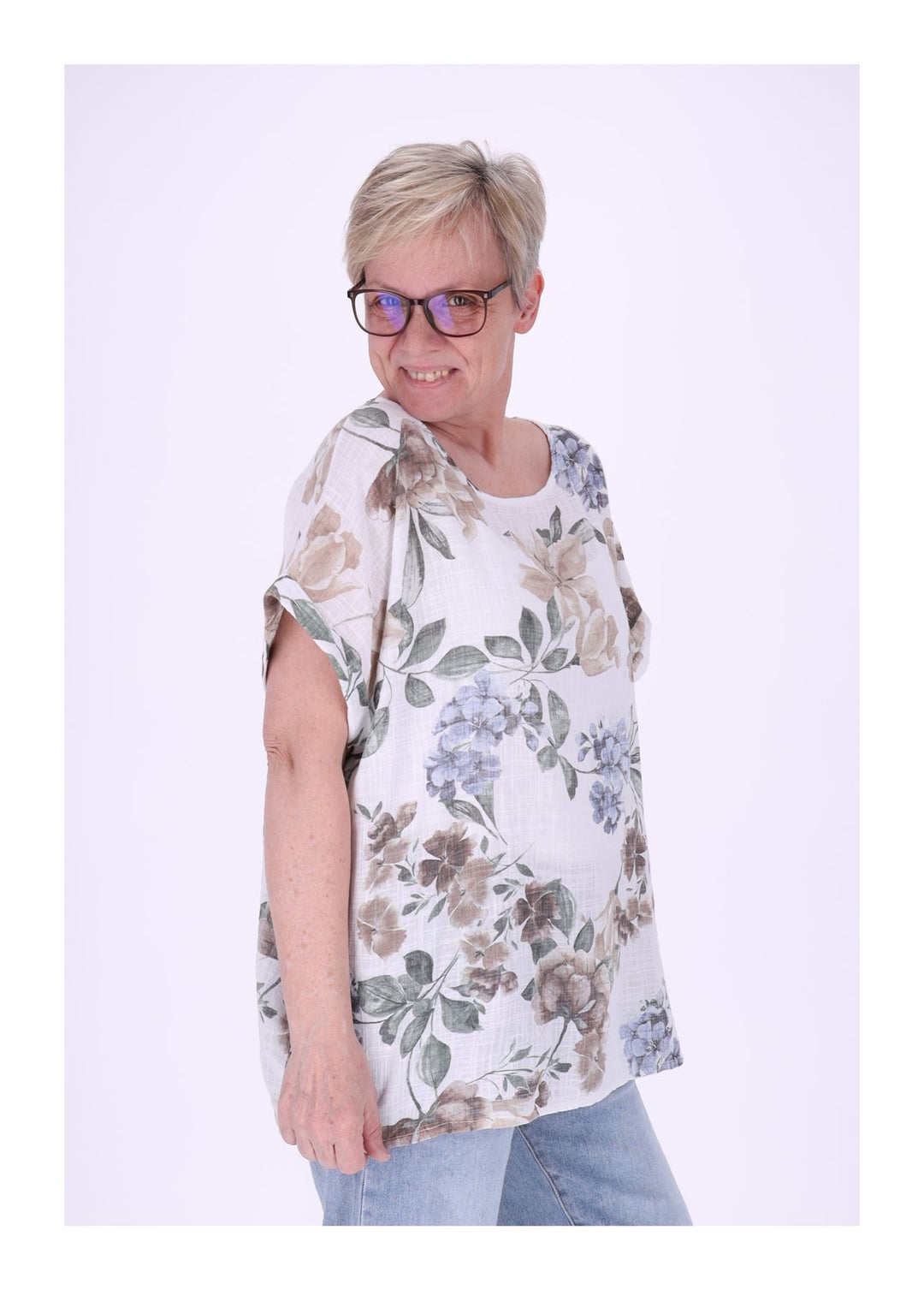 T-Shirt Damen Rundhals Leinenmix AOP