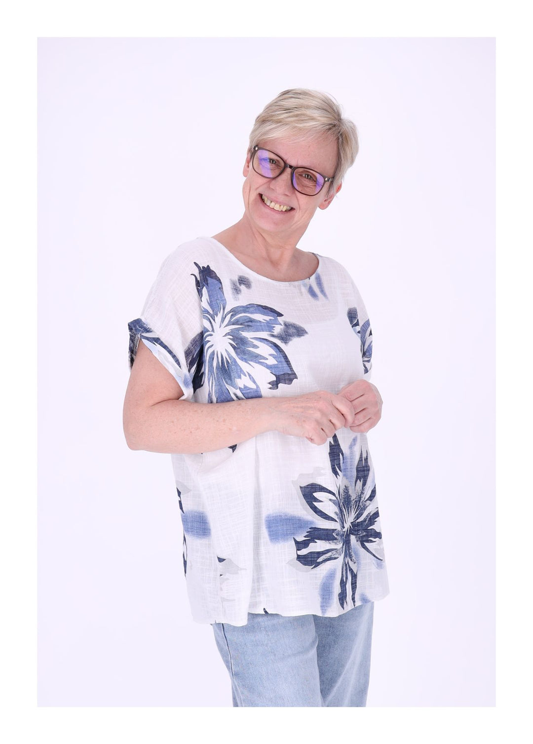 T-Shirt Damen Rundhals Leinenmix AOP