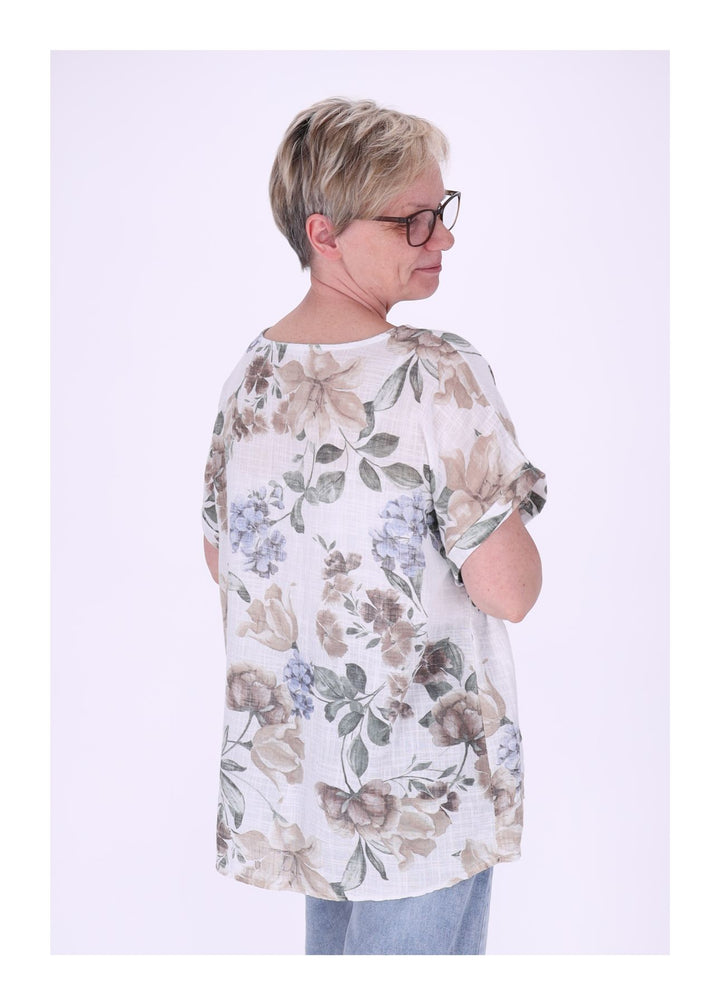 T-Shirt Damen Rundhals Leinenmix AOP