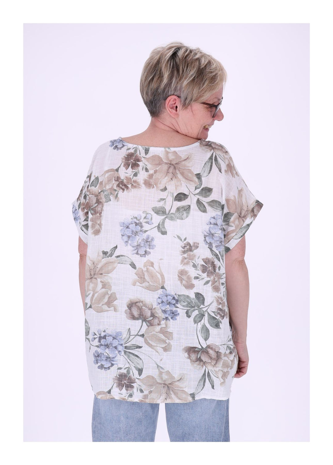 T-Shirt Damen Rundhals Leinenmix AOP