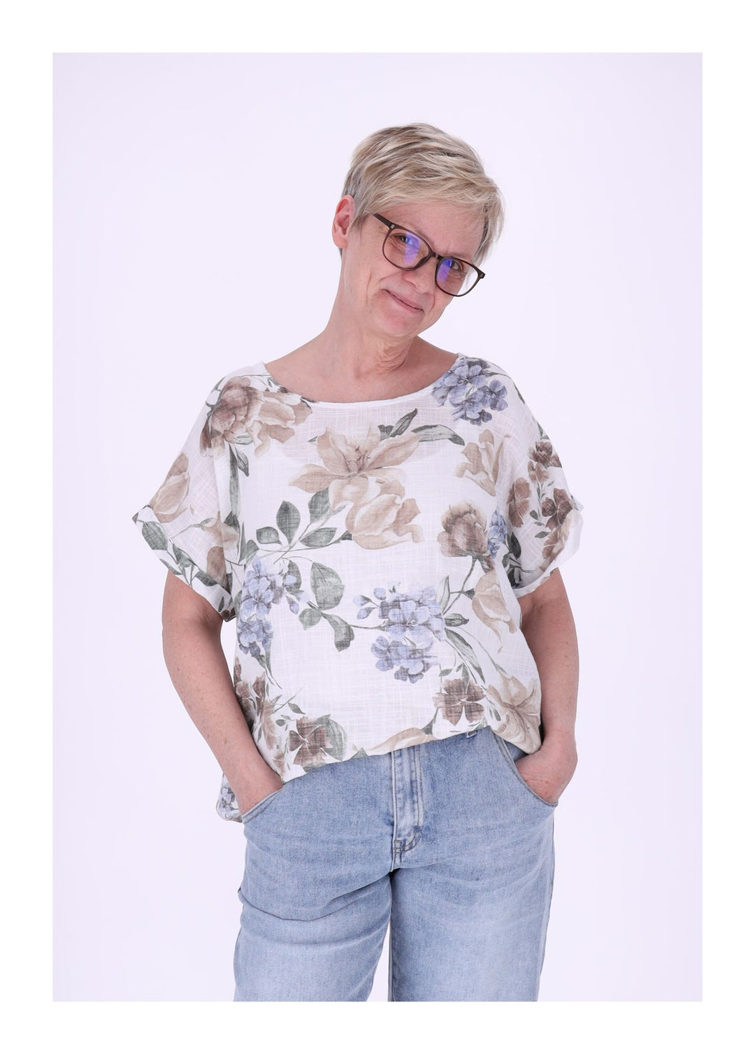 T-Shirt Damen Rundhals Leinenmix AOP