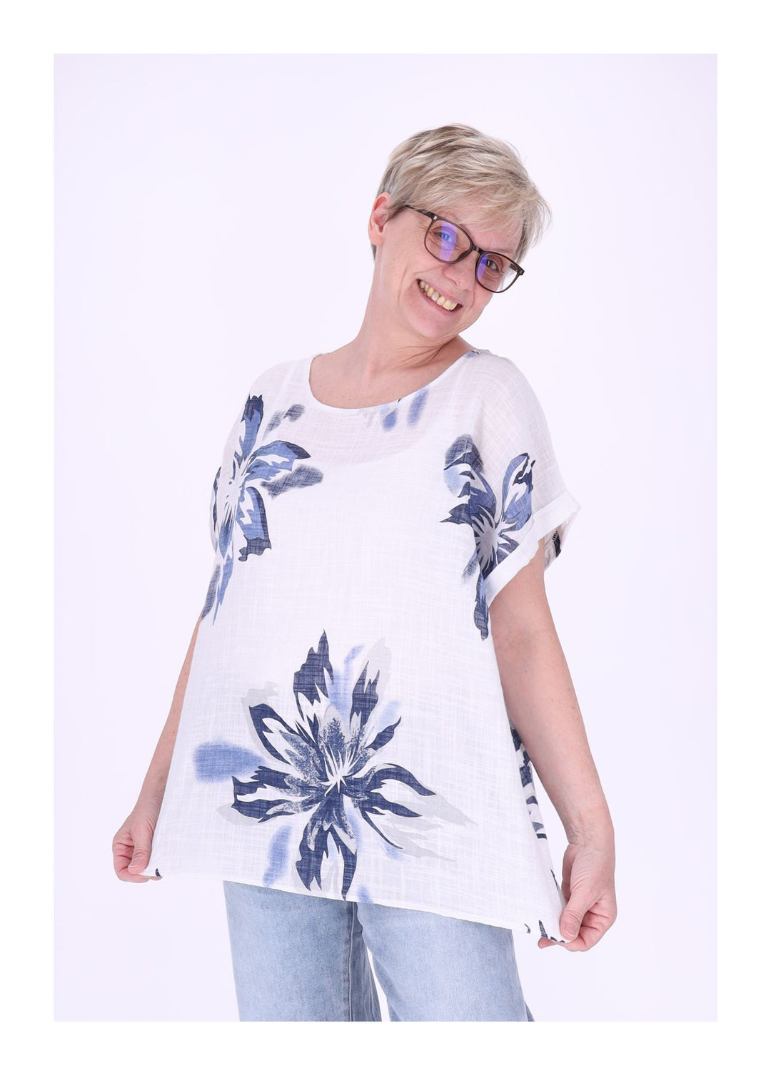 T-Shirt Damen Rundhals Leinenmix AOP