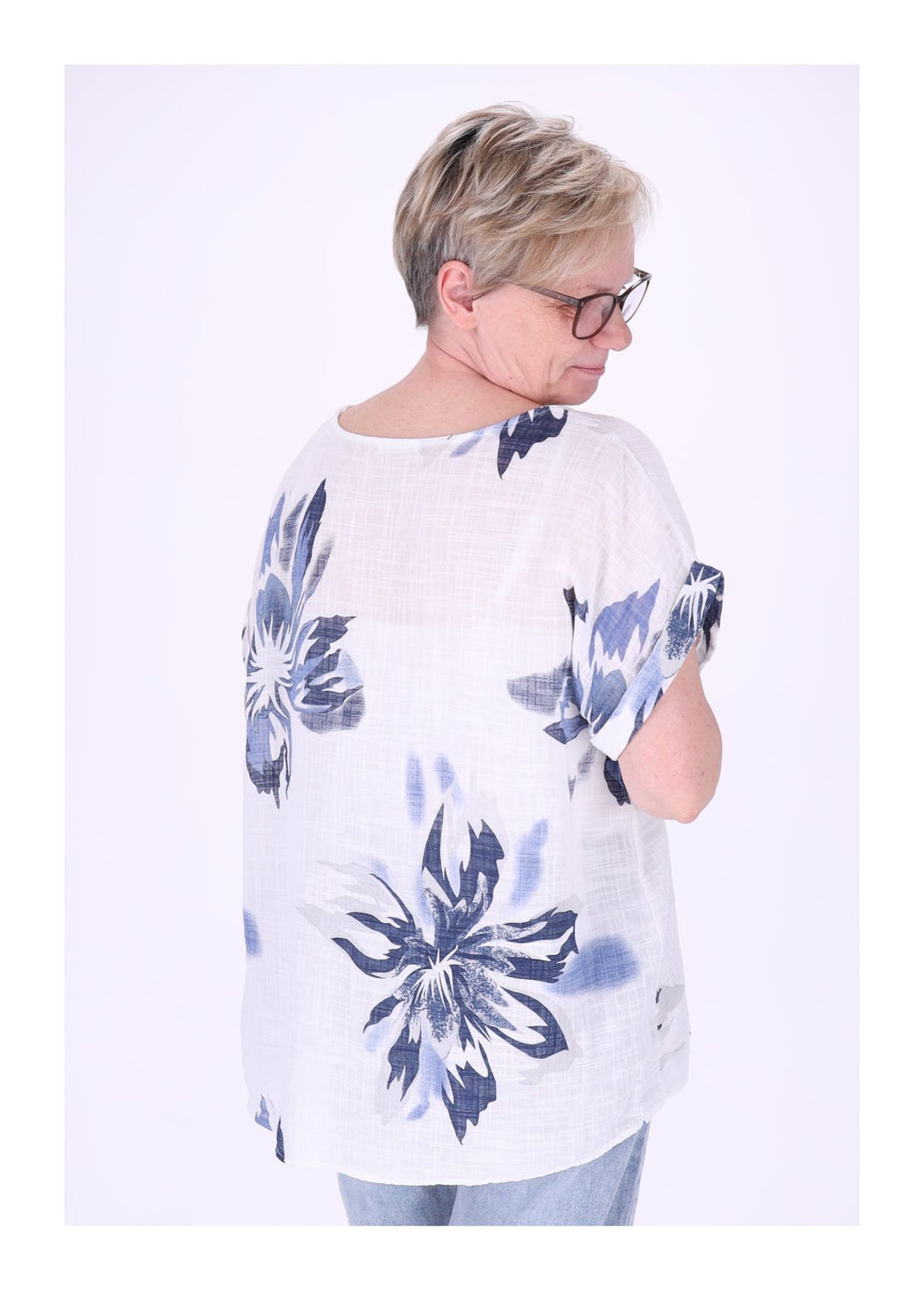 T-Shirt Damen Rundhals Leinenmix AOP