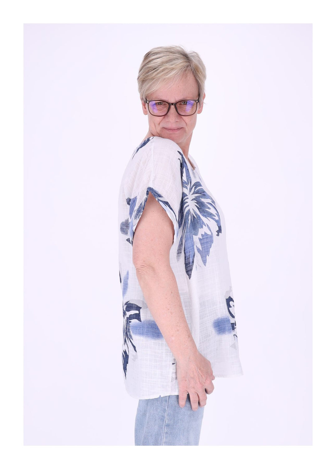 T-Shirt Damen Rundhals Leinenmix AOP