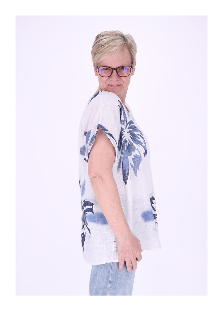 T-Shirt Damen Rundhals Leinenmix AOP