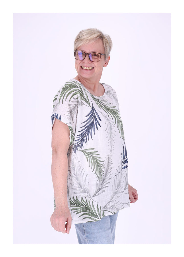 T-Shirt Damen Rundhals Leinenmix AOP