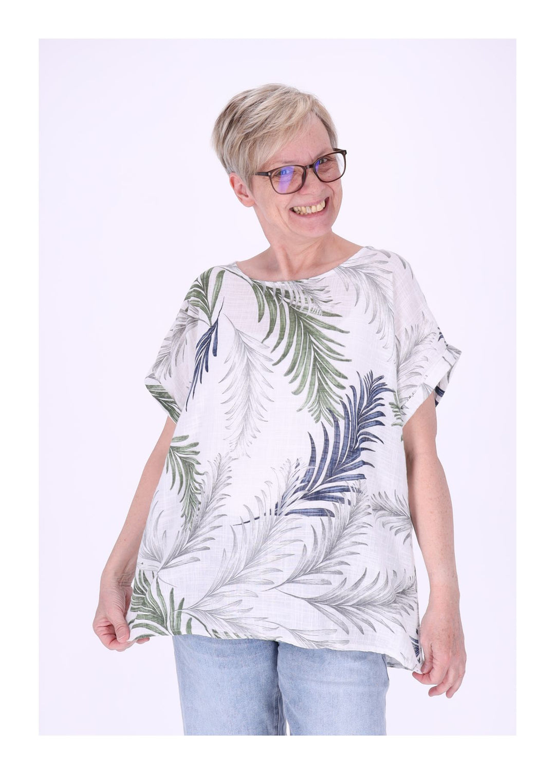 T-Shirt Damen Rundhals Leinenmix AOP