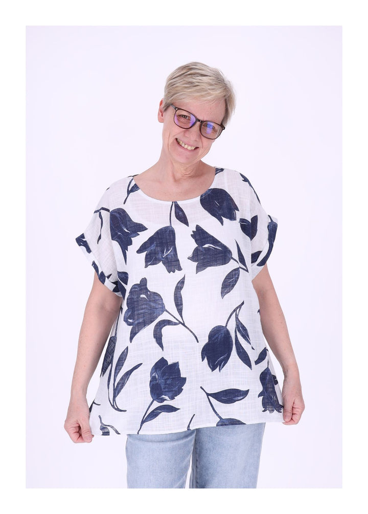 T-Shirt Damen Rundhals Leinenmix AOP