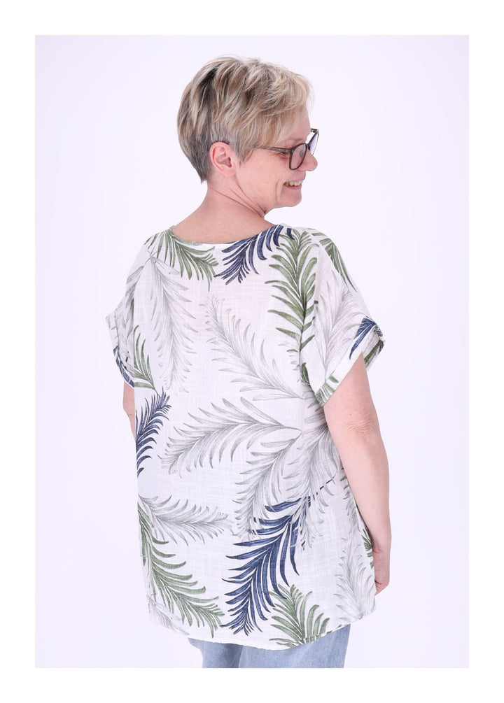 T-Shirt Damen Rundhals Leinenmix AOP