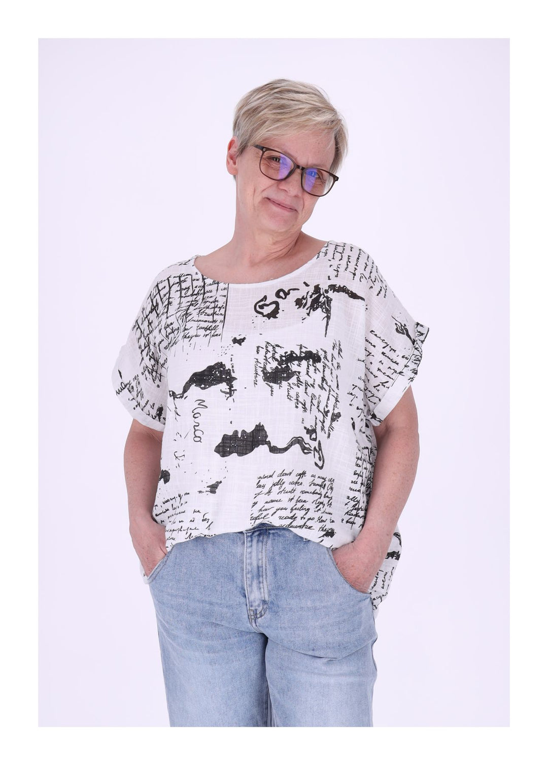 T-Shirt Damen Rundhals Leinenmix AOP