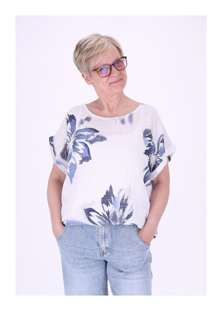 T-Shirt Damen Rundhals Leinenmix AOP