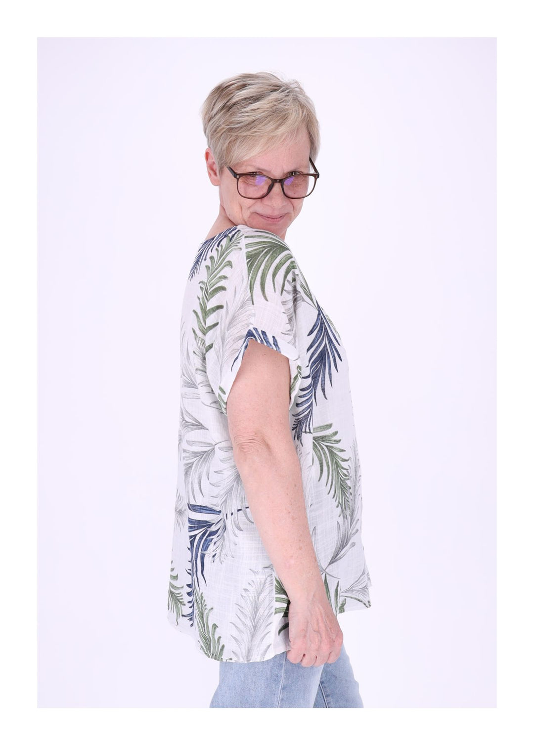 T-Shirt Damen Rundhals Leinenmix AOP