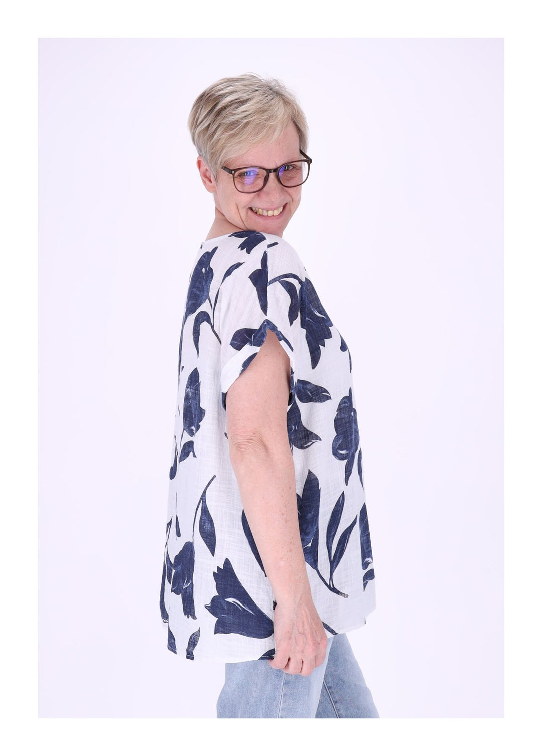 T-Shirt Damen Rundhals Leinenmix AOP