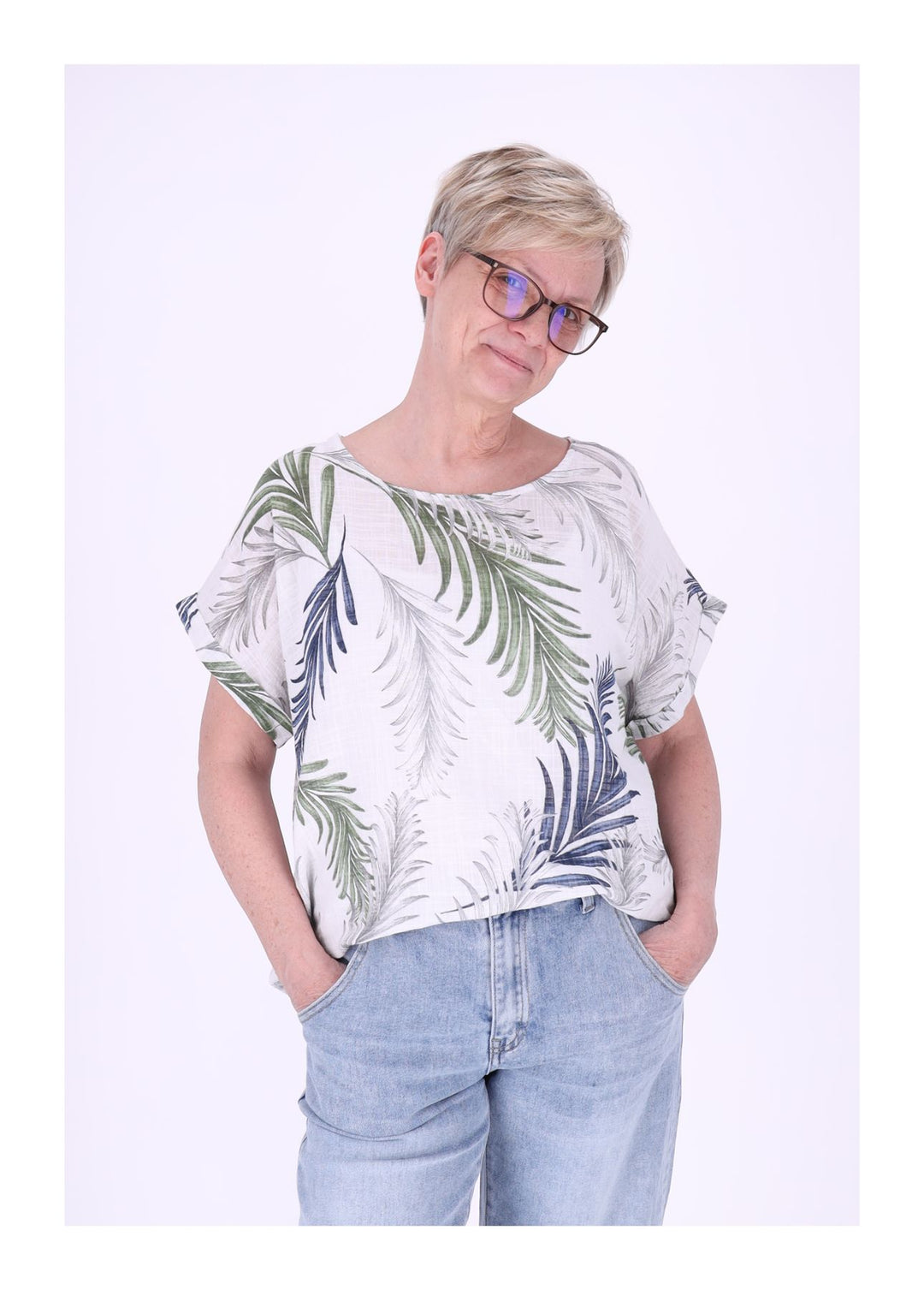 T-Shirt Damen Rundhals Leinenmix AOP