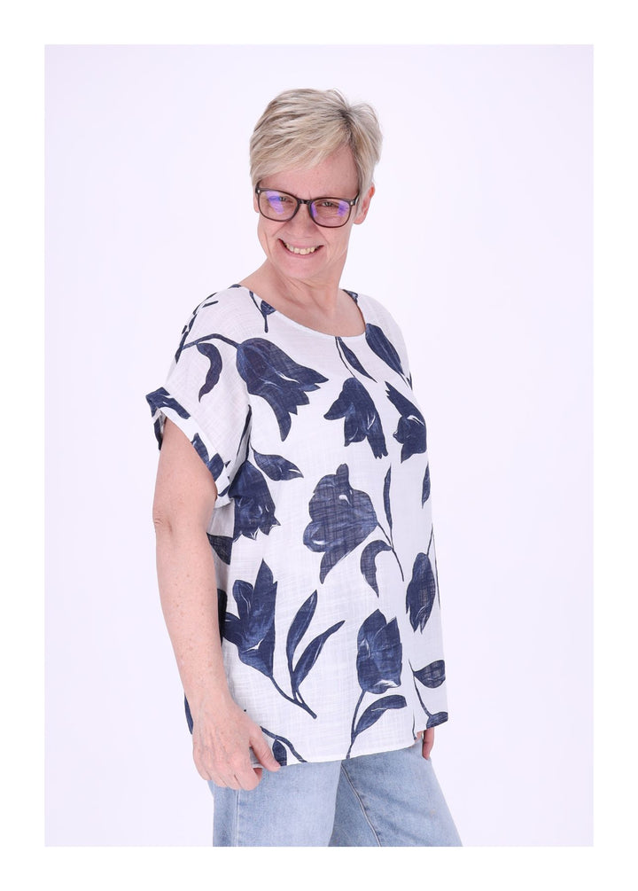 T-Shirt Damen Rundhals Leinenmix AOP