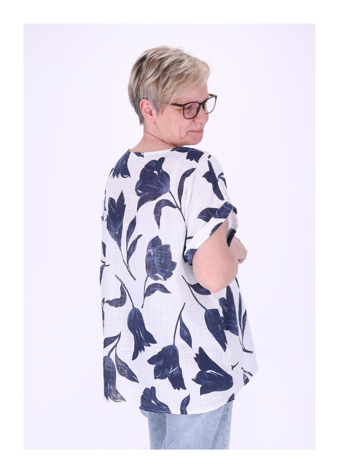 T-Shirt Damen Rundhals Leinenmix AOP