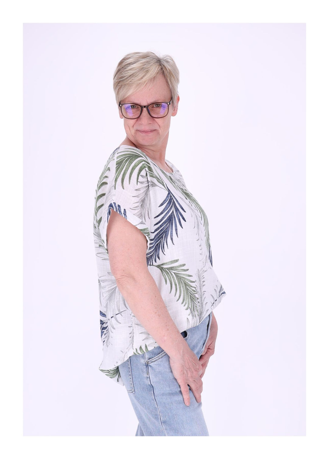 T-Shirt Damen Rundhals Leinenmix AOP