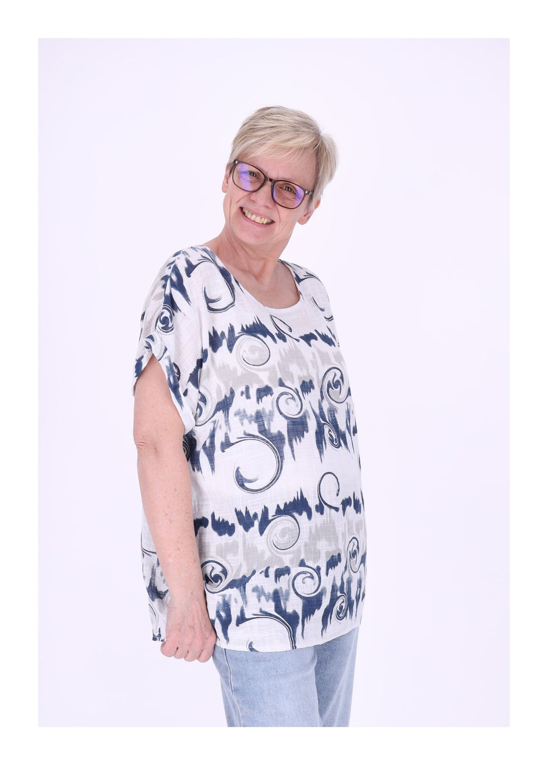 T-Shirt Damen Rundhals Leinenmix AOP