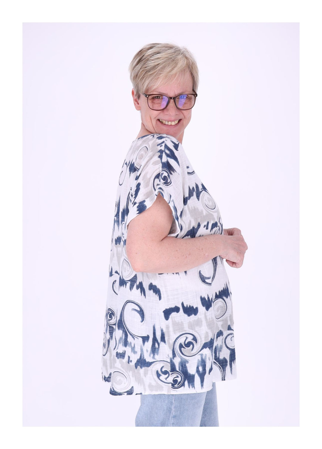 T-Shirt Damen Rundhals Leinenmix AOP