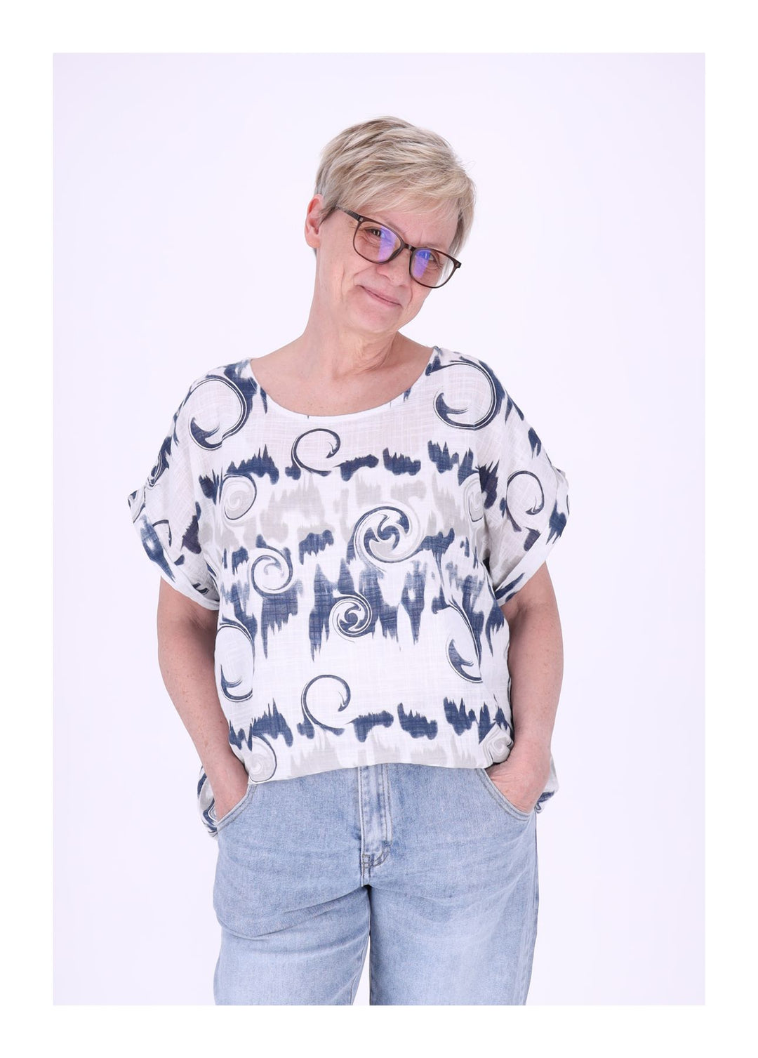 T-Shirt Damen Rundhals Leinenmix AOP
