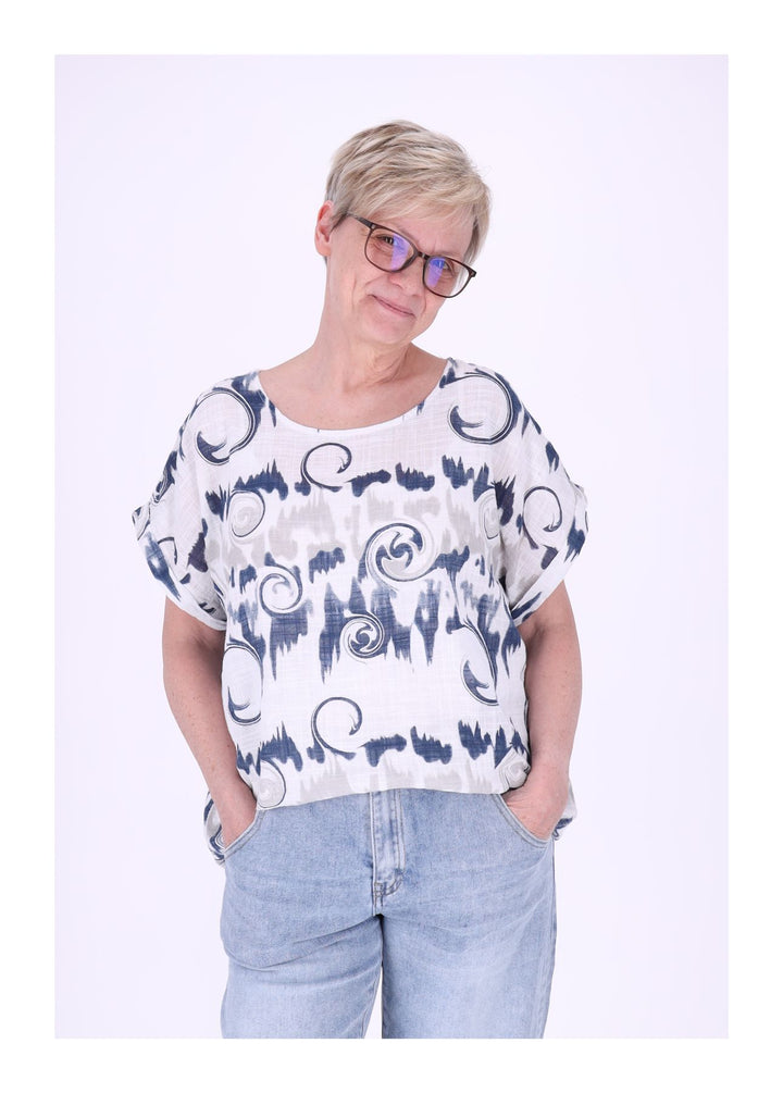 T-Shirt Damen Rundhals Leinenmix AOP