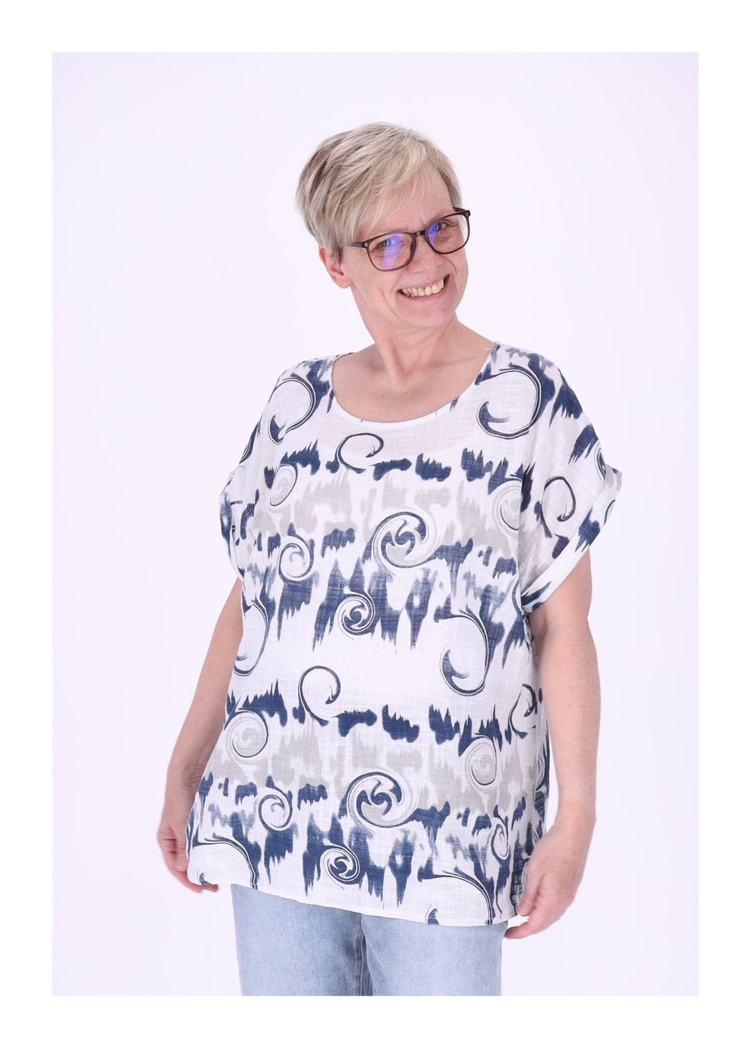 T-Shirt Damen Rundhals Leinenmix AOP