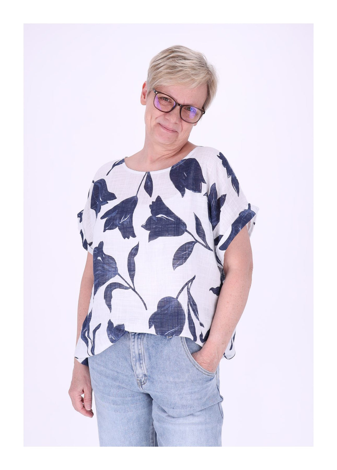 T-Shirt Damen Rundhals Leinenmix AOP