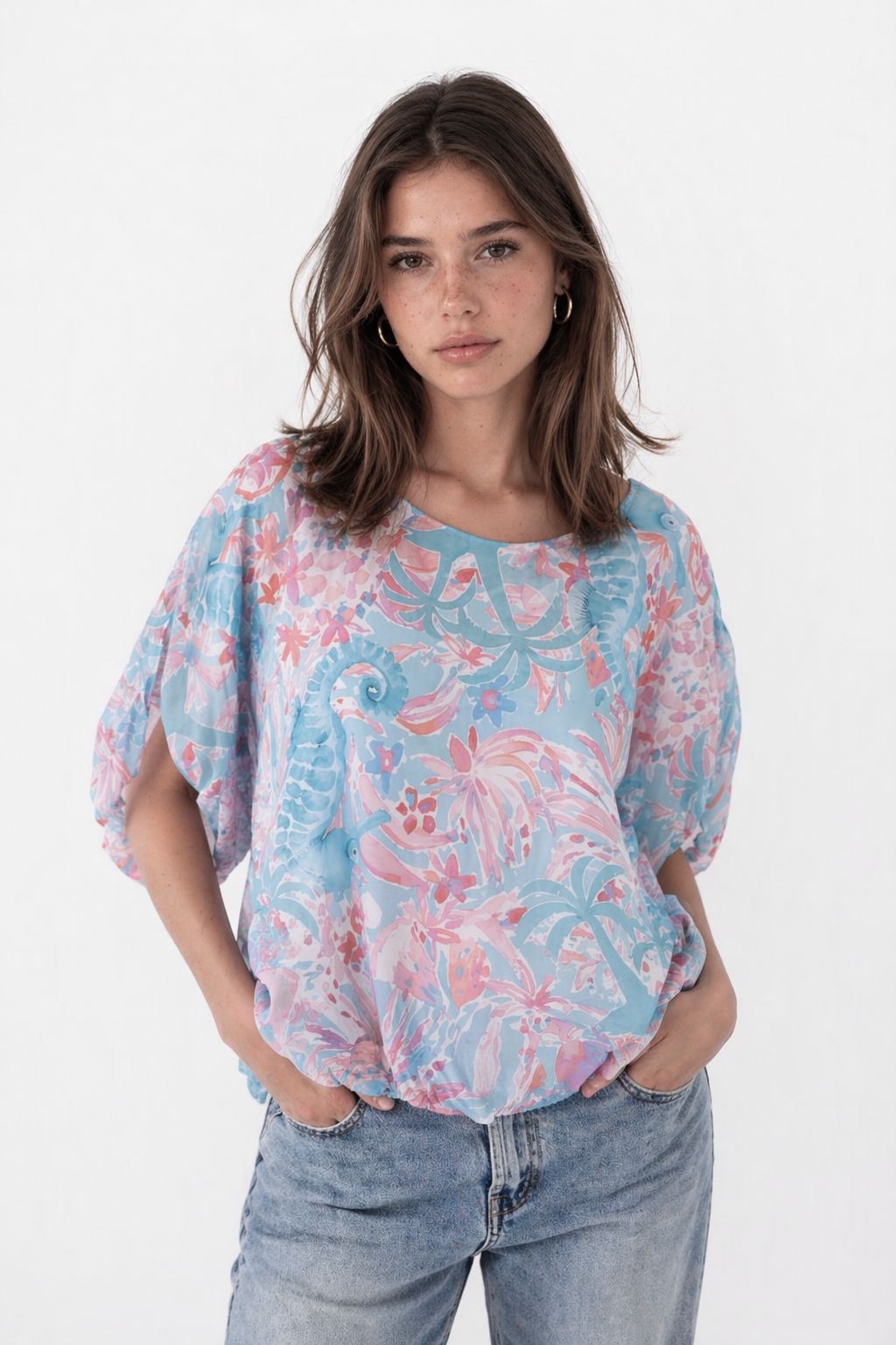 T-Shirt Damen Ballonschnitt AOP Seepferdchen