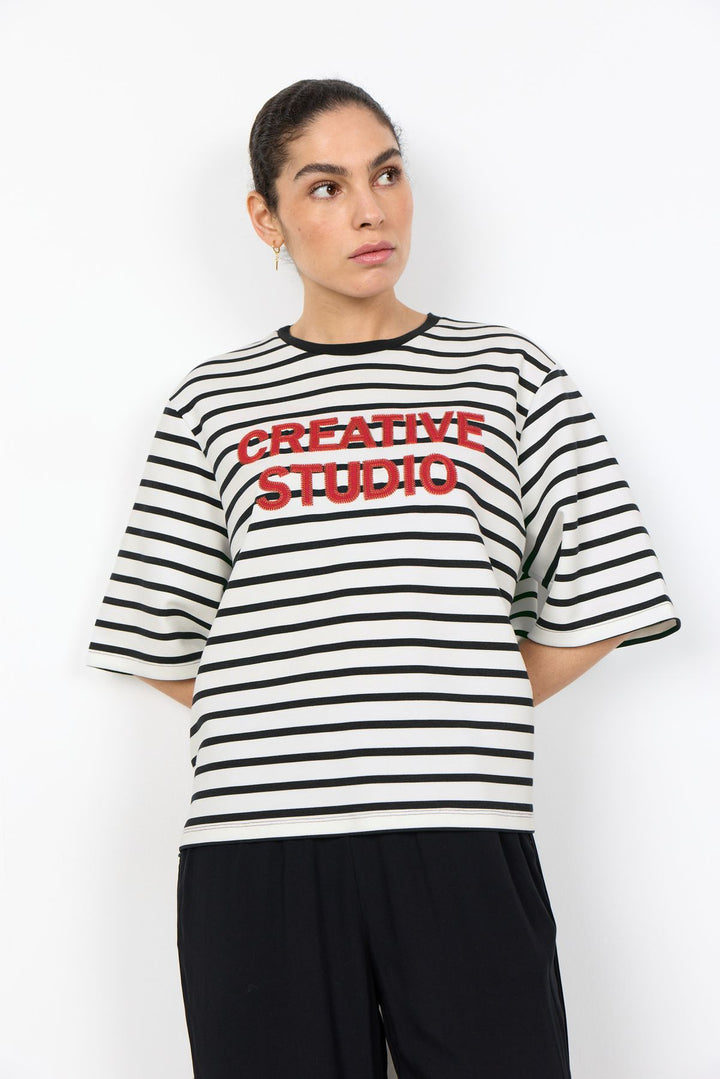 T-Shirt Damen Streifenmuster Bestickt